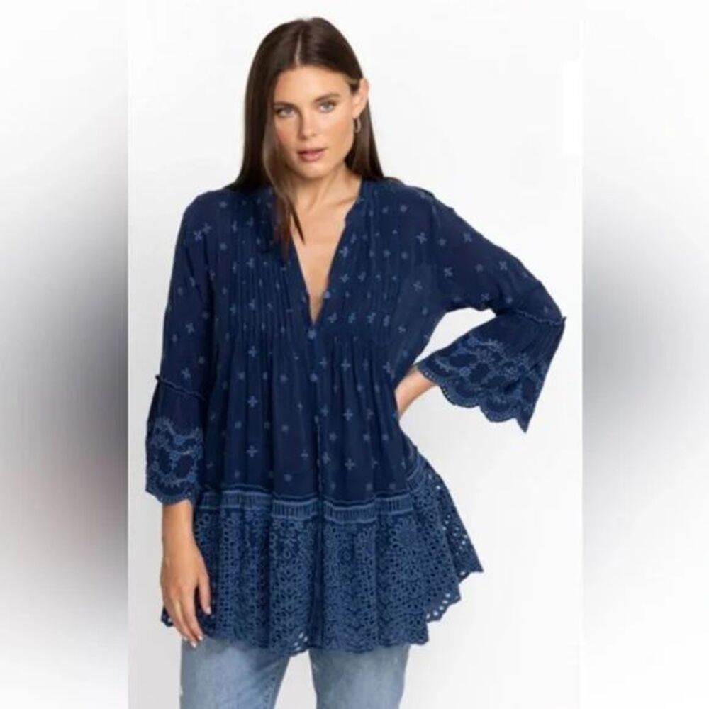 Johnny Was Manchengo Boho Navy Blue Pleated Embroidered Eyelet Tunic Size S‎